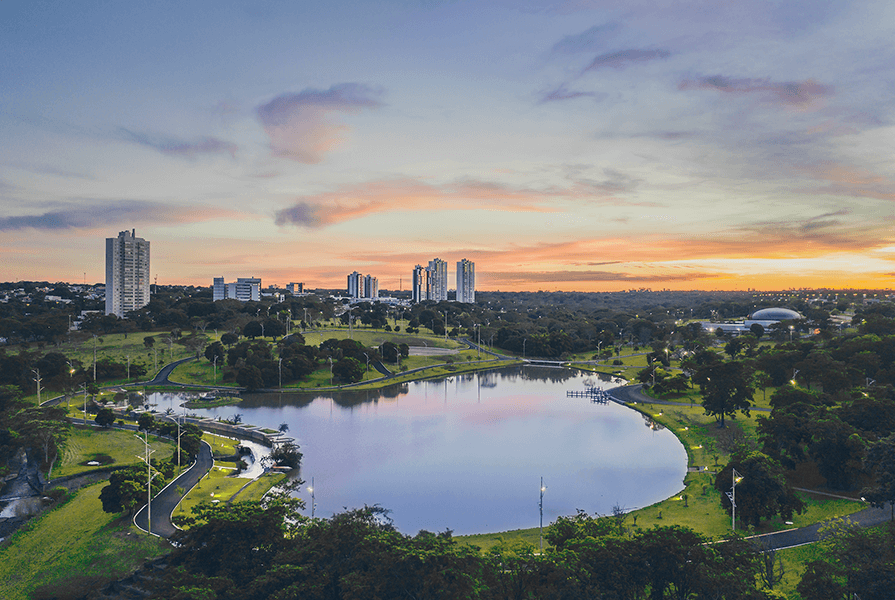 Vista aérea do Parque das Nações Indígenas em Campo Grande, e a localização do empreendimento 