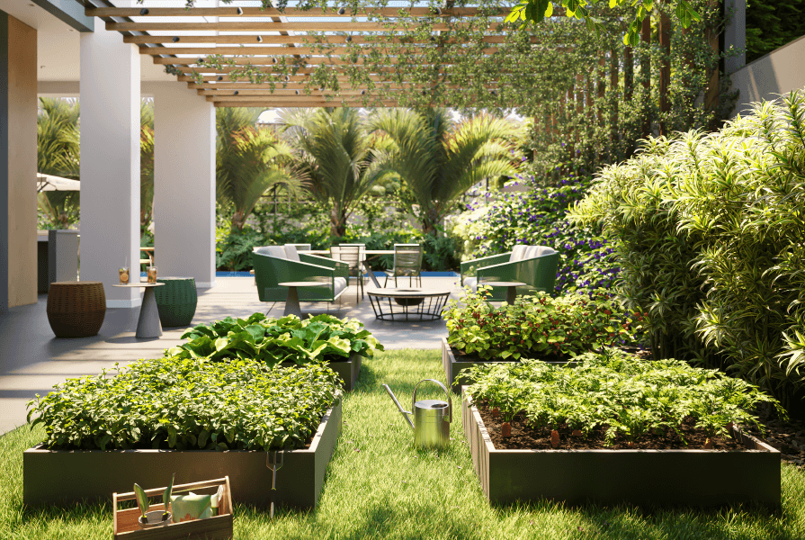 horta com plantas do arbo e flora