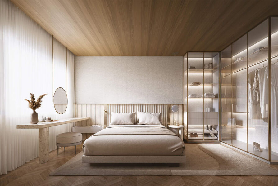 Quarto moderno com cama e armário de vidro.