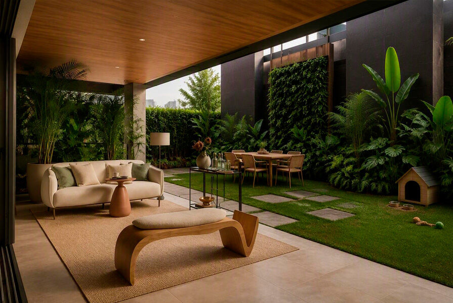 Área externa moderna com plantas e espaço para refeições