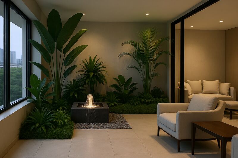 Decoração interna com plantas e fonte d'água