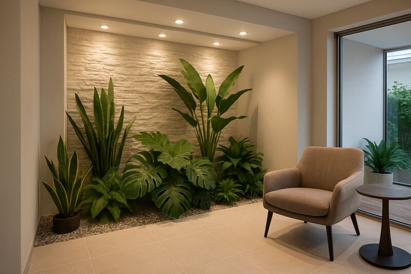 Decoração interna com plantas e poltrona aconchegante