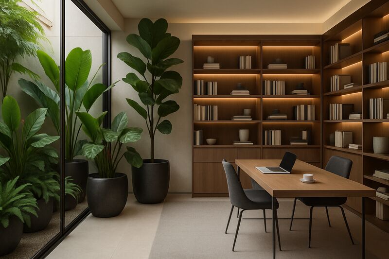 Sala moderna com jardim interno e plantas verdes.