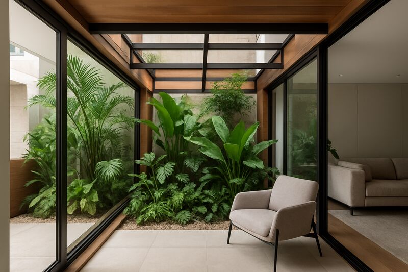Sala com verde exuberante e sofá moderno
