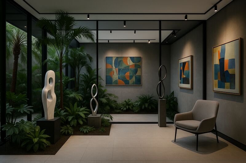 Sala moderna com plantas e janelas amplas