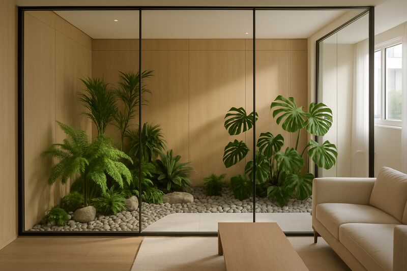 Sala moderna com jardim interno e plantas verdes.