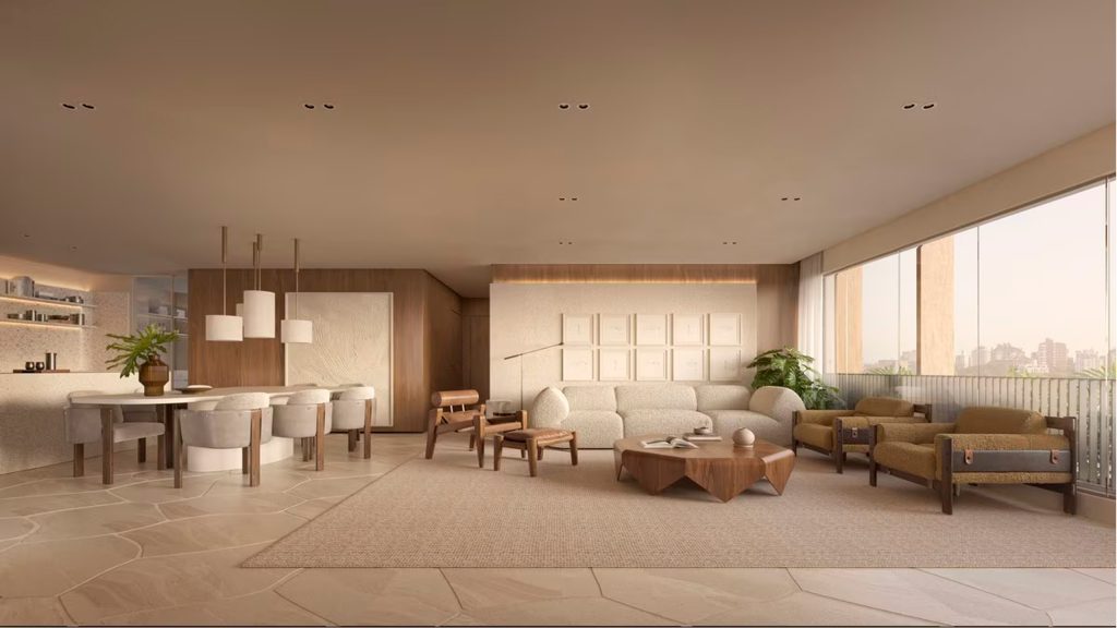 Sala de estar moderna com móveis sofisticados e luz natural.