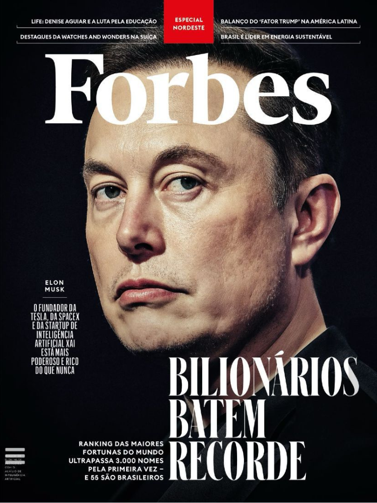 Capa da revista Forbes da edição de abril, sendo "A Lista Forbes Bilionários do Mundo 2025" como destaque da edição.