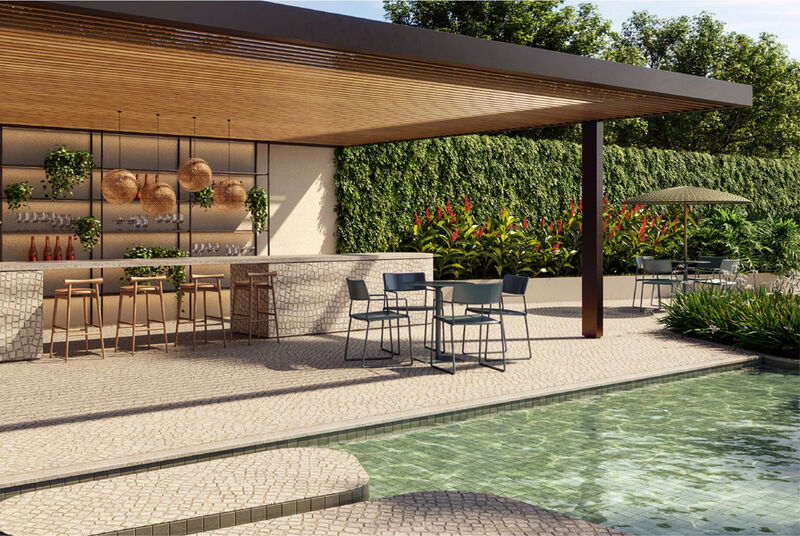 Área externa com bar e piscina em ambiente moderno.