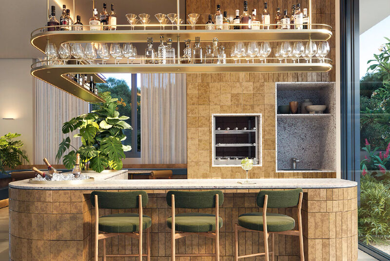 Bar moderno com prateleira de bebidas e banquetas