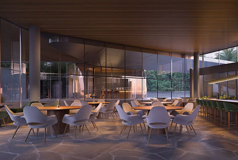 Interior moderno de restaurante com mesas e cadeiras elegantes