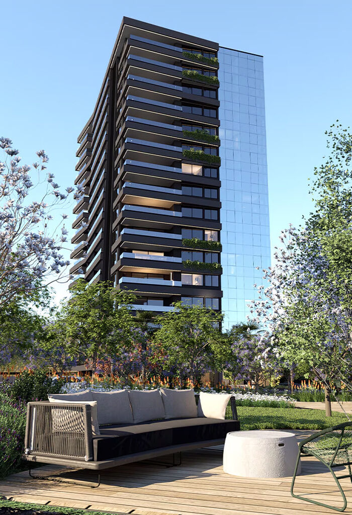 Edifício moderno com jardins e área externa agradável
