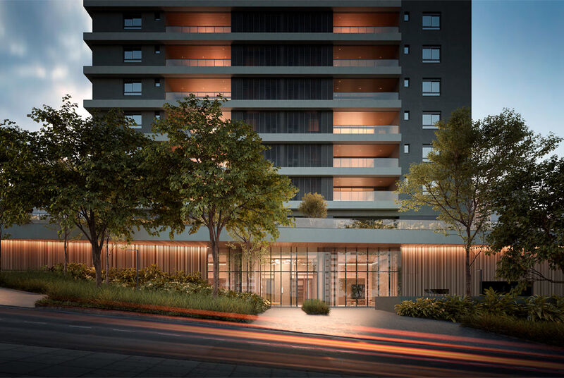 Fachada de edifício modernista com vegetação ao redor