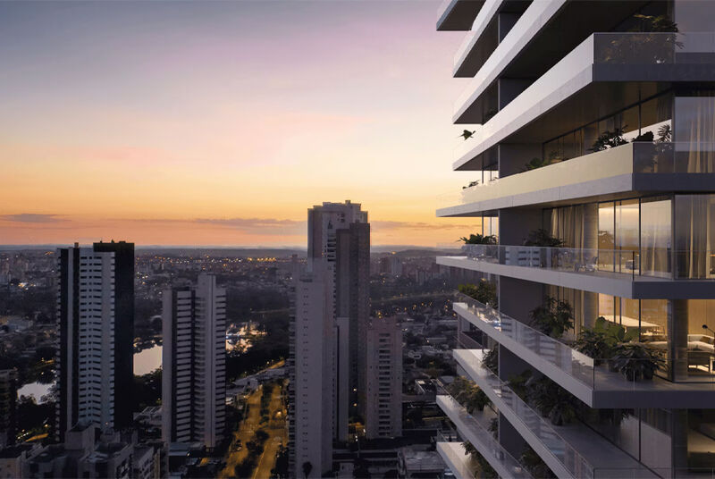 Vista de edifícios modernos ao pôr do sol