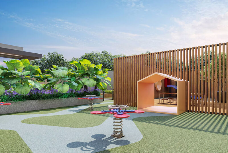 Área de recreação infantil com jardim e brinquedos