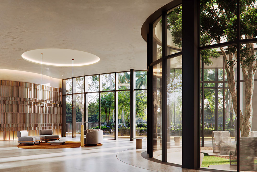 Lobby sofisticado do condomínio horizontal Atmosphere, composto por um amplo espaço, com grandes painéis de vidro que permitem entrada de luz natural e integração visual com áreas verdes externas. 