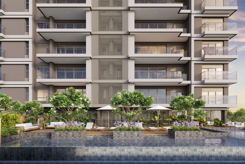 Edifício moderno com piscina e área verde