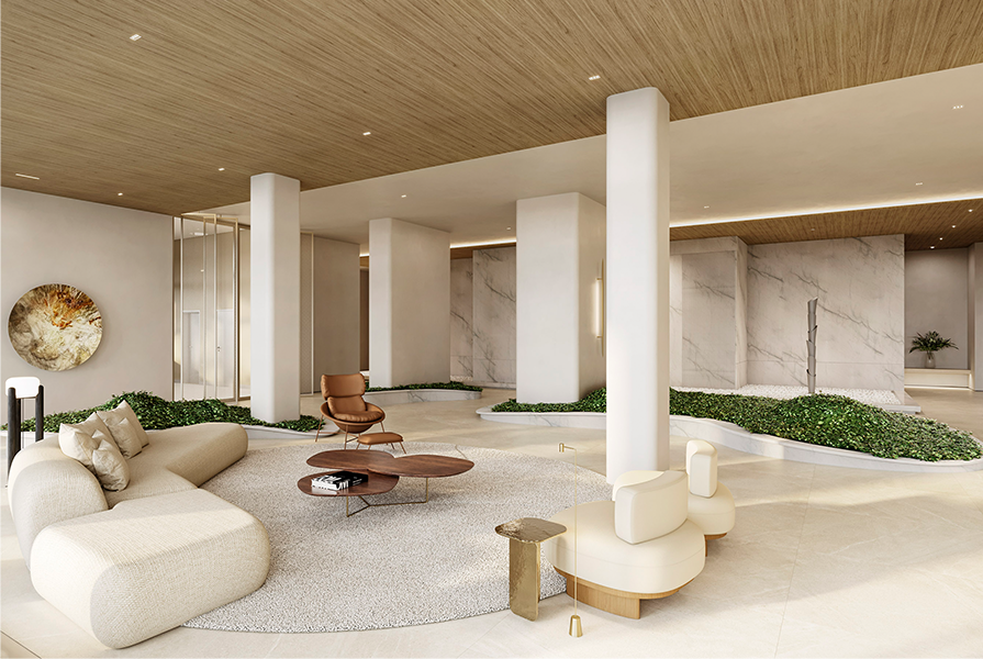 Lobby elegante com teto de madeira, pilares brancos, sofás curvos em tons claros e áreas ajardinadas internas, com paredes de mármore ao fundo. 