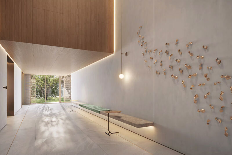 Interior moderno com iluminação suave e arte na parede