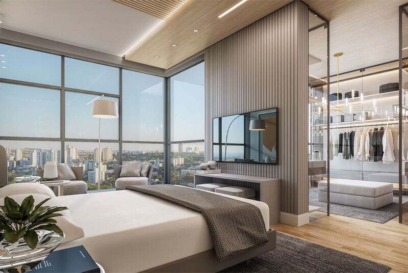 Quarto moderno com vista panorâmica da cidade.