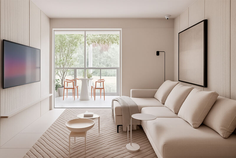 Sala de estar moderna com sofá e vista para o jardim