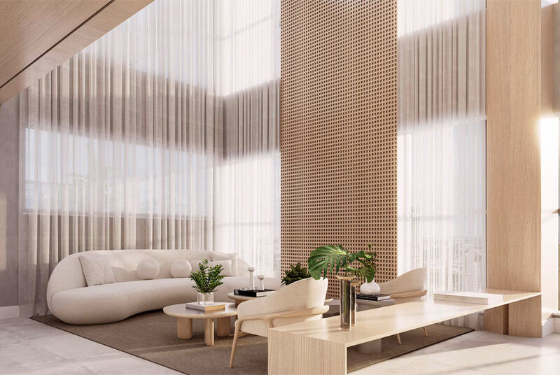 Sala de estar moderna com elementos de madeira