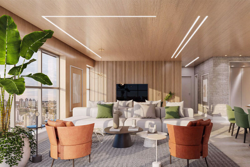 Sala de estar moderna com decoração elegante e vista