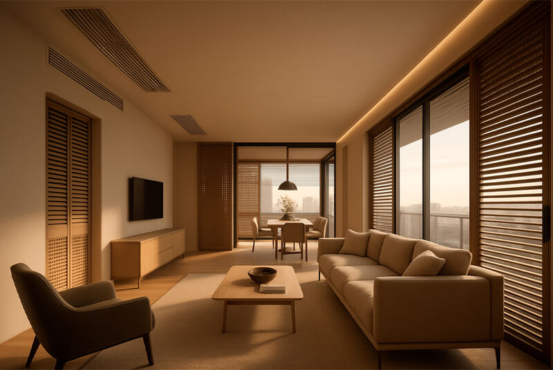 Sala de estar moderna com iluminação suave e móveis elegantes