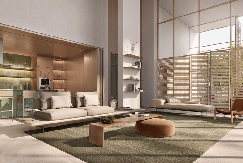 Sala de estar moderna e iluminada com móveis elegantes