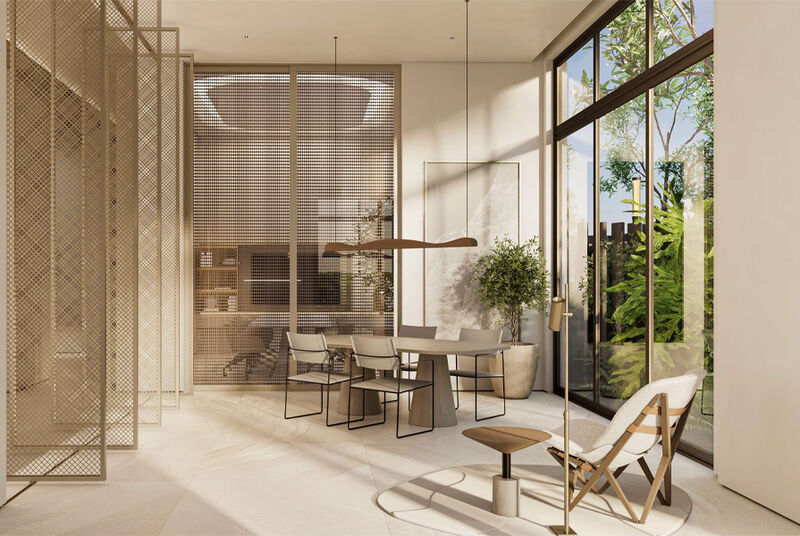 Sala de estar moderna com móveis em tons neutros.