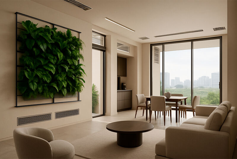 Sala de estar moderna com plantas decorativas e janelas amplas