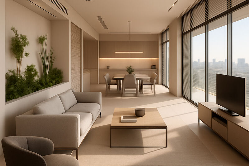 Sala moderna com móveis minimalistas e vista urbana