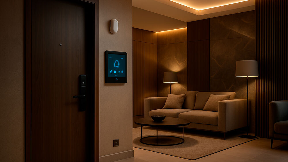 Sala moderna com controle e porta de entrada