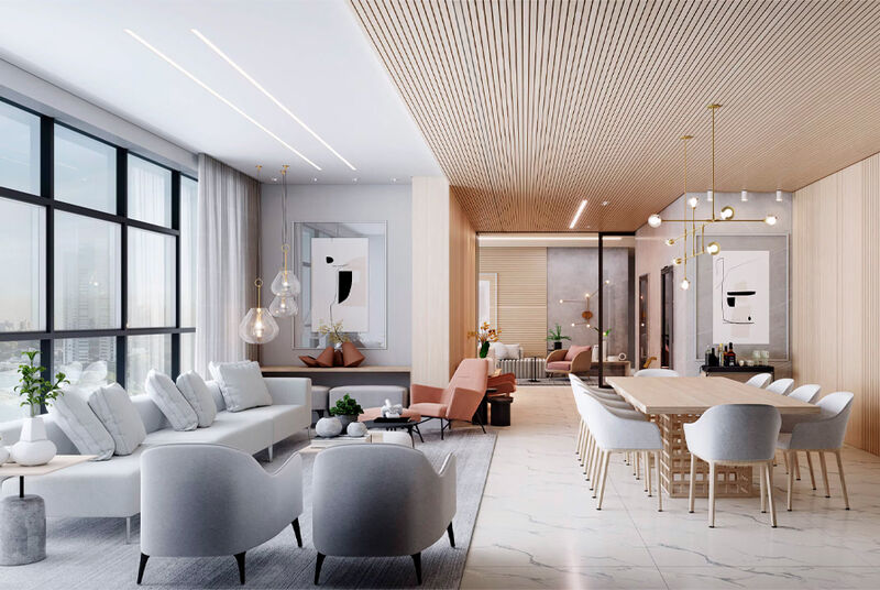 Sala de estar moderna com decoração elegante e janelas grandes