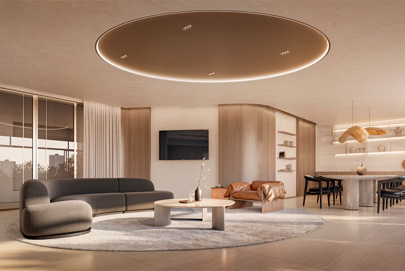 Sala moderna com iluminação suave e móveis elegantes