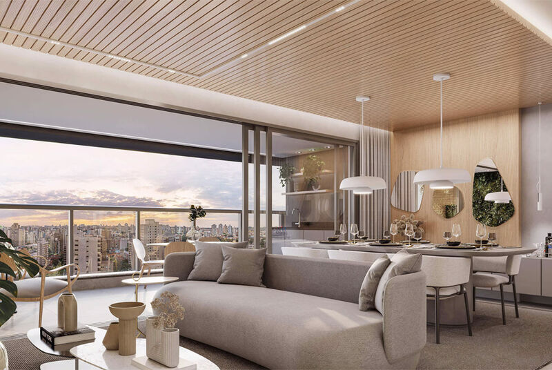 Sala de estar moderna com vista para a cidade