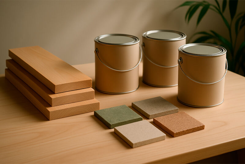 Tintas e peças de madeira em mesa de trabalho