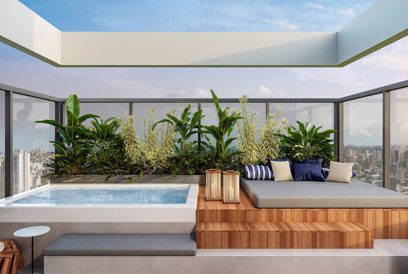 Varanda moderna com jacuzzi e plantas luxuosas
