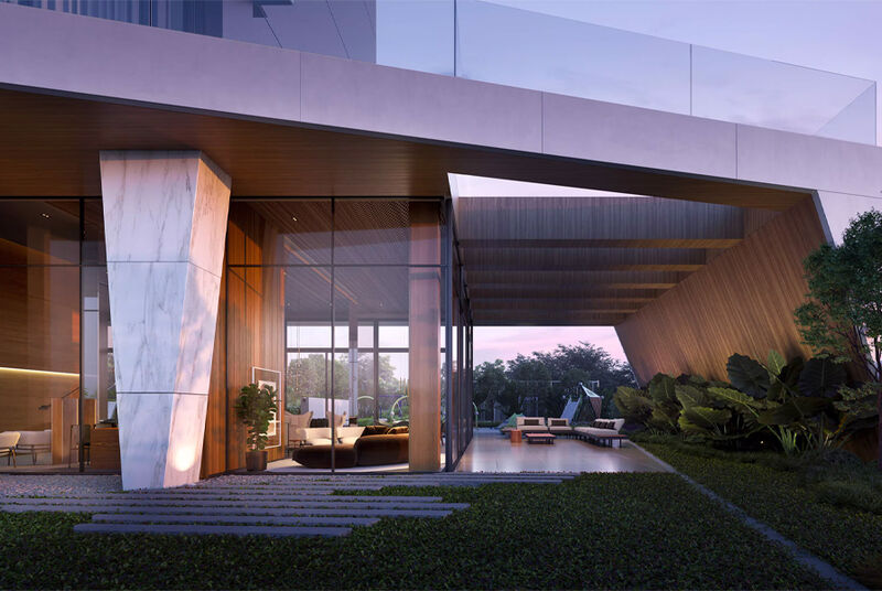 Fachada moderna de casa com elementos de madeira e vidro