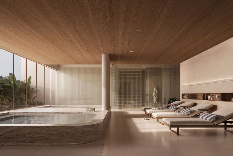 Interior moderno de spa com piscina e espreguiçadeiras