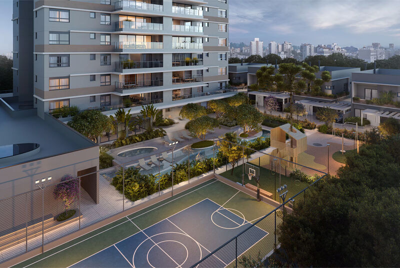 Vista externa de um condomínio moderno com piscina e quadras