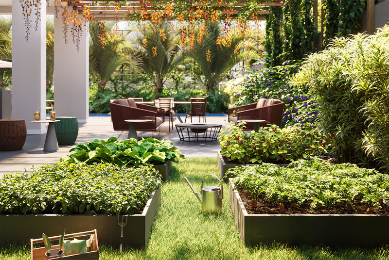 Jardim moderno com hortas e mobiliário ao ar livre
