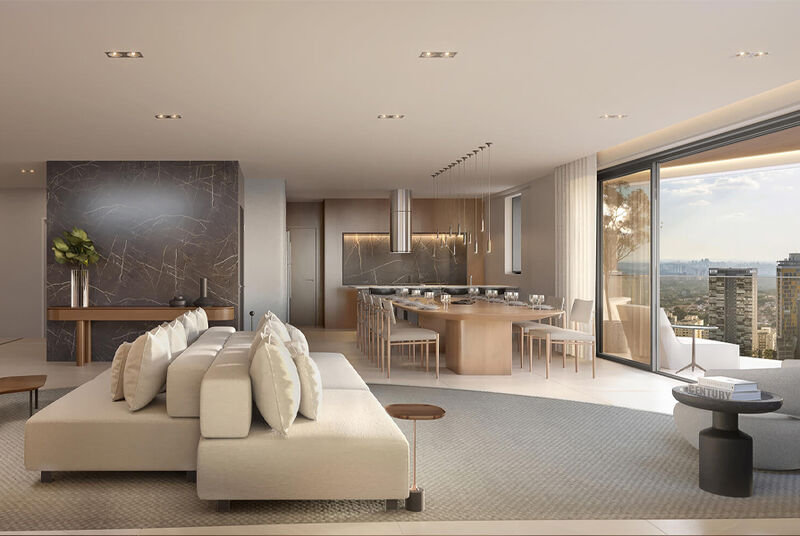 Sala moderna e elegante com vista para a cidade.