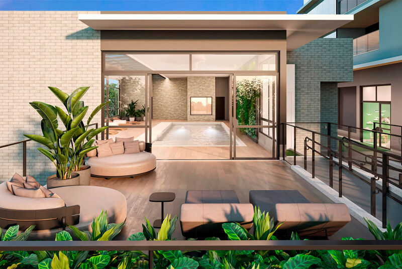 Área externa moderna com piscina e móveis confortáveis