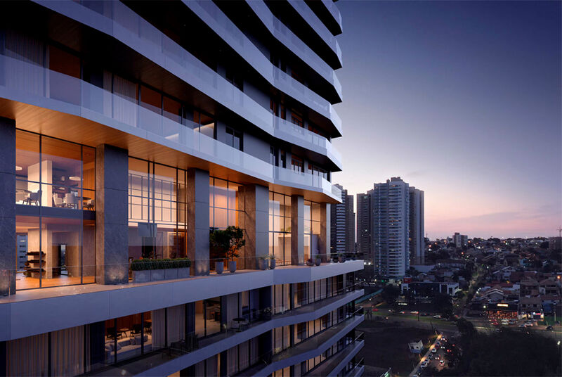 Vista noturna de edifício moderno com iluminação LED