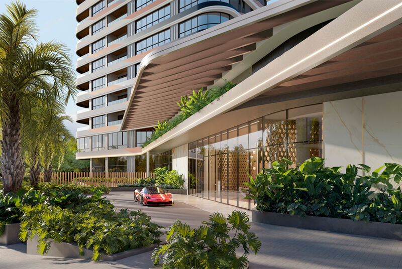 Entrada moderna de prédio com vegetação exuberante