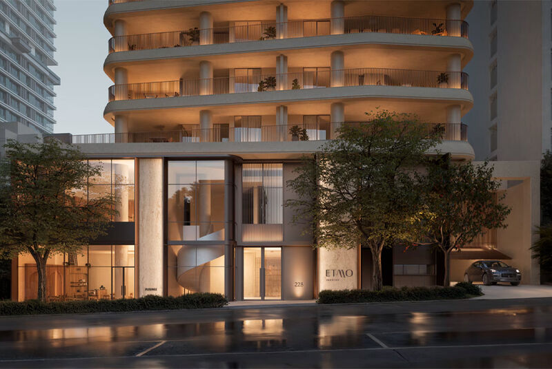 Fachada do edifício Etimo à noite com iluminação suave