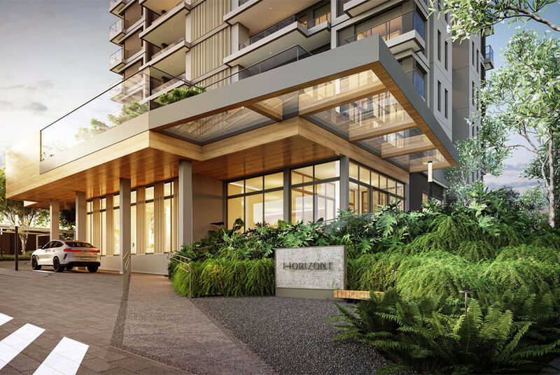 Fachada do edifício Horizon ao pôr do sol