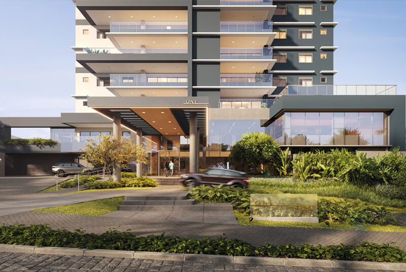 Fachada moderna de prédio residencial com vegetação