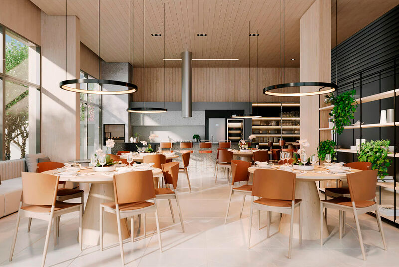 Interior moderno de restaurante com mesas e cadeiras elegantes